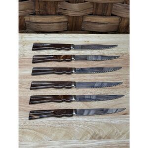 Set of 6 Vintage Serrated Steak Knives with Brown Swirl Handles